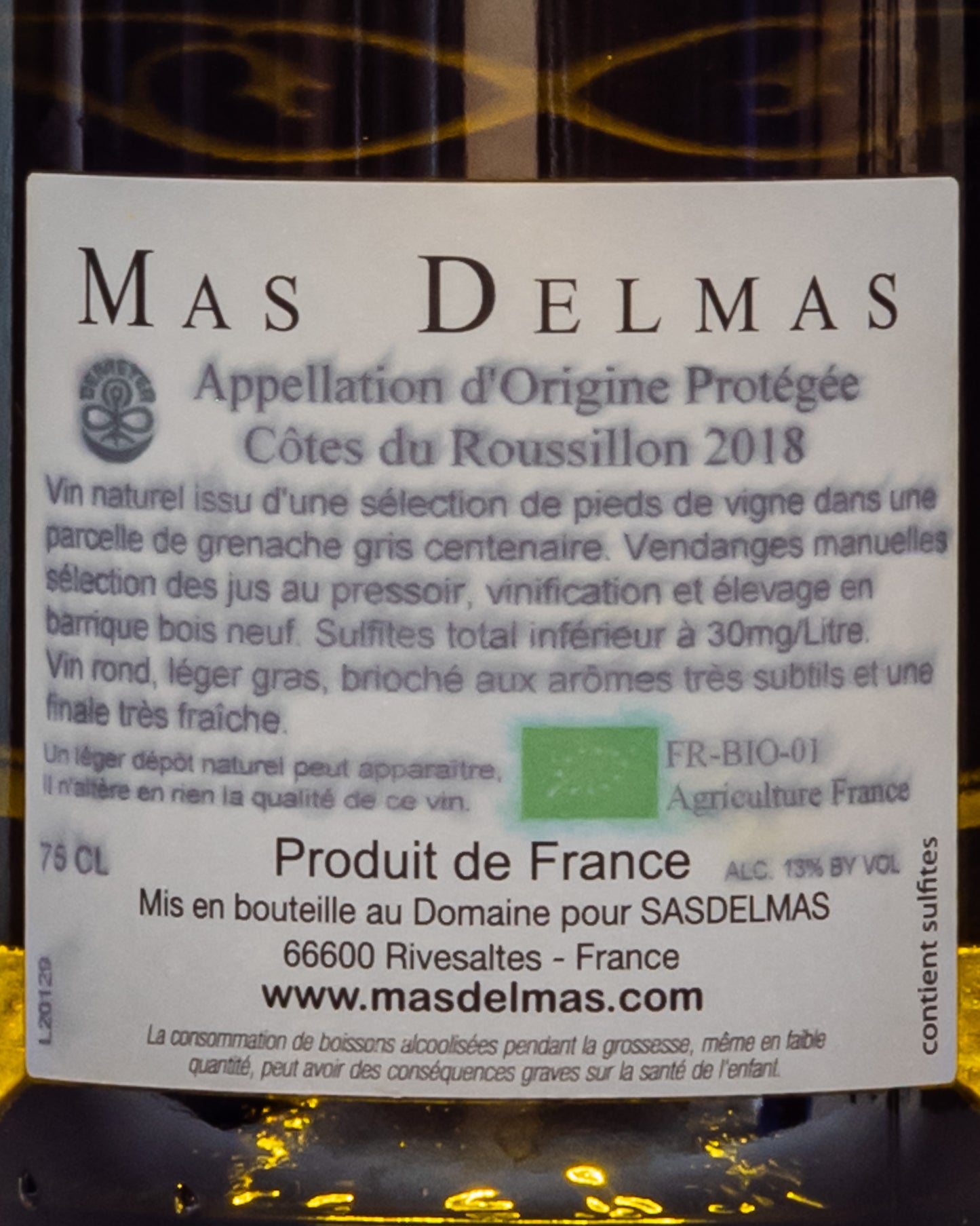 Mas Delmas 100 Pour Sang 2018 Grenache Gris Roussillon Vino Bianco Francia Retro Etichetta