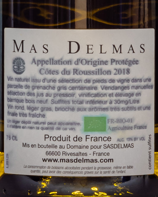 Mas Delmas 100 Pour Sang 2018 Grenache Gris Roussillon Vino Bianco Francia Retro Etichetta