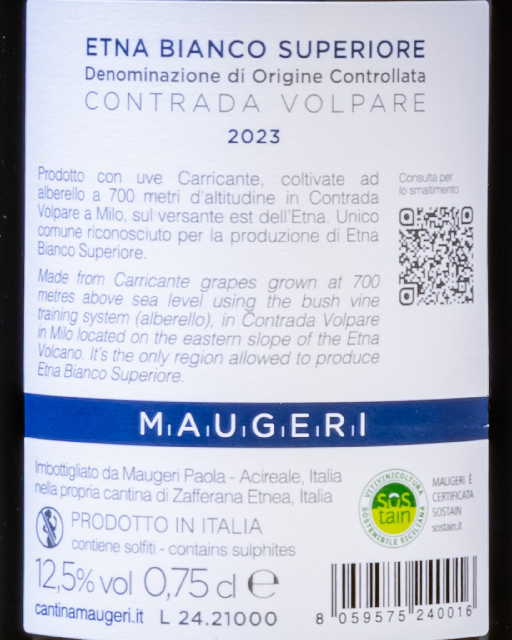 Maugeri Etna Bianco 2023 Contrada Volpare Carricante Vino Sicilia Italia Retro Etichetta