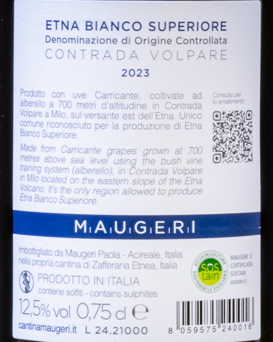 Maugeri Etna Bianco 2023 Contrada Volpare Carricante Vino Sicilia Italia Retro Etichetta