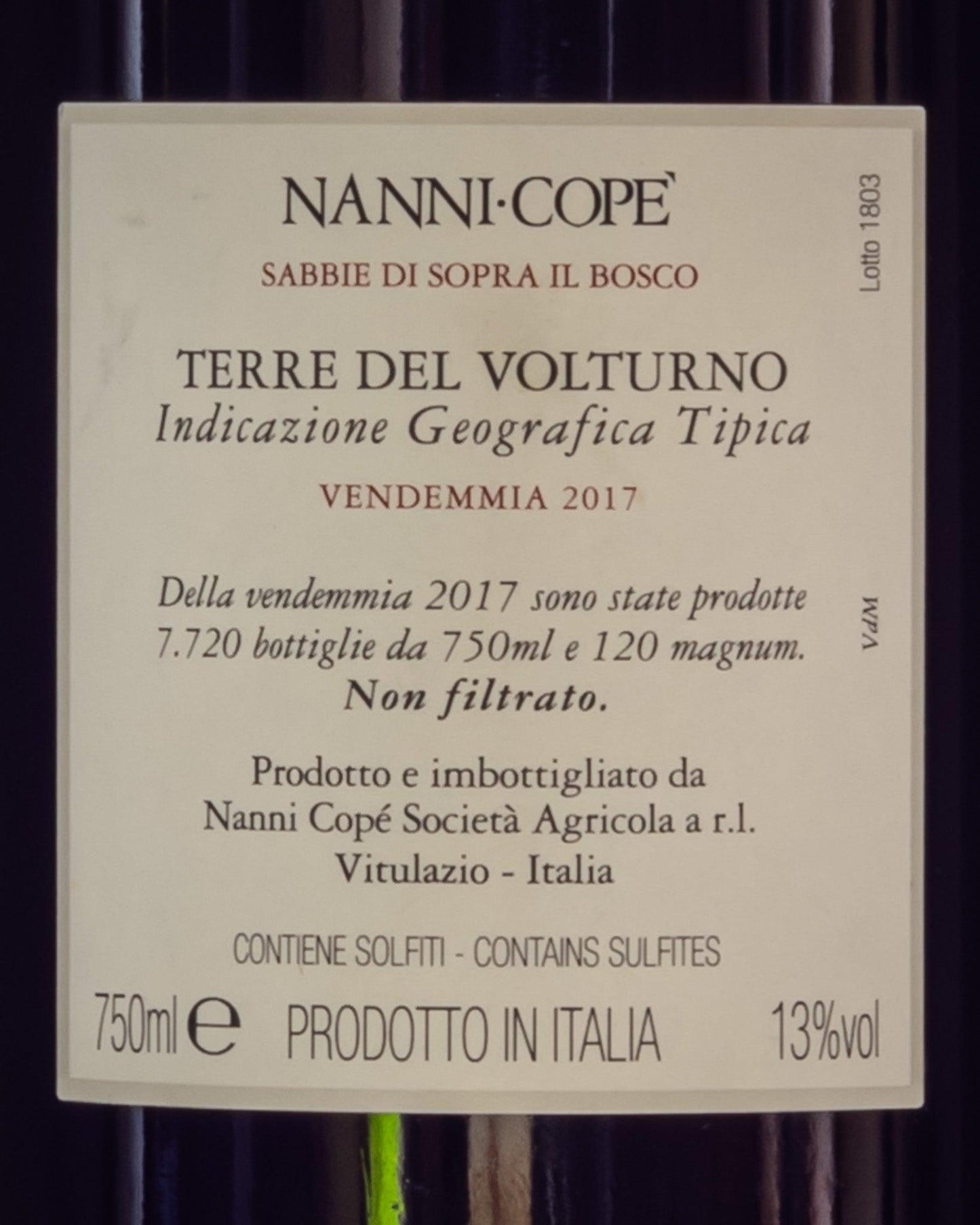 Nanni Cope Sabbie Sopra Bosco Pallagrello Aglianico 2017 Campania Volturno Italia Vino Rosso Retro Etichetta