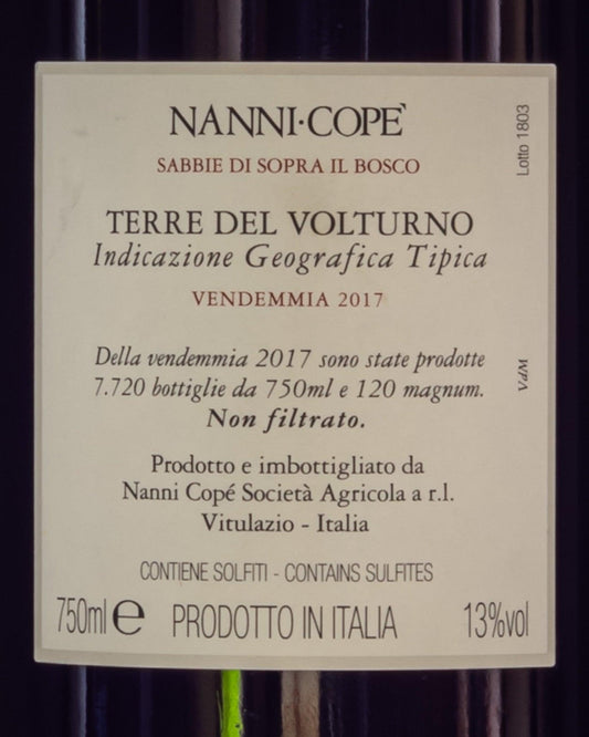 Nanni Cope Sabbie Sopra Bosco Pallagrello Aglianico 2017 Campania Volturno Italia Vino Rosso Retro Etichetta