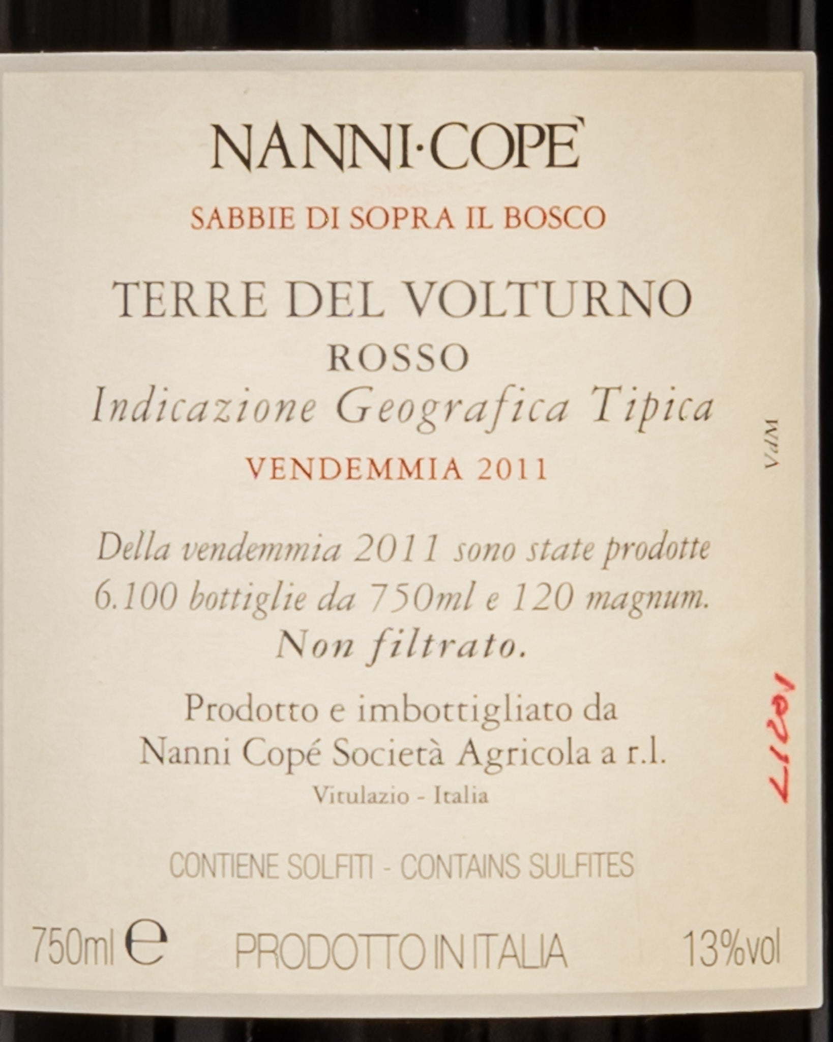 Nanni Cope Terre Volturno Aglianico Casavecchia Pallagrello Nero Sabbie Sopra Bosco Campania Vino Rosso Italia 2011 Retro Etichetta