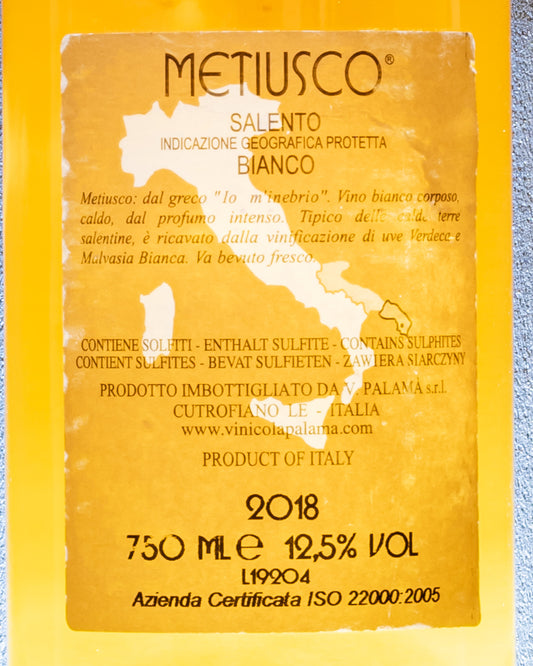 Palama Metiusco Bianco 2018 Verdeca Malvasia Puglia Salento Vino Italia Retro Etichetta