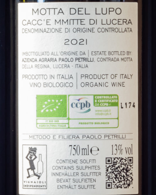 Paolo Petrilli Motta Lupo Cacc Mitte Lucera Nero Troia Bombino Bianco Sangiovese Montepulciano Aglianico 2021 Puglia Italia Vino Rosso Retro Etichetta