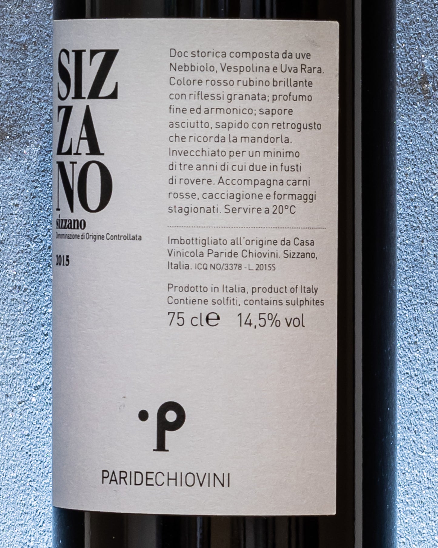 Paride Chiovini Sizzano 2015 Nebbiolo Uva Rara Vespolina Nord Piemonte Vino Rosso Italia Retro Etichetta