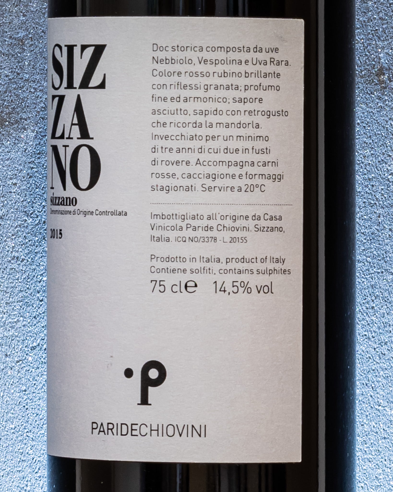 Paride Chiovini Sizzano 2015 Nebbiolo Uva Rara Vespolina Nord Piemonte Vino Rosso Italia Retro Etichetta