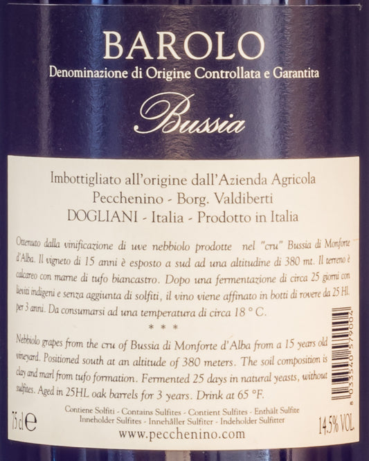 Pecchenino Barolo Bussia Nebbiolo Langhe Piemonte Vino Rosso 2016 Italia Retro Etichetta