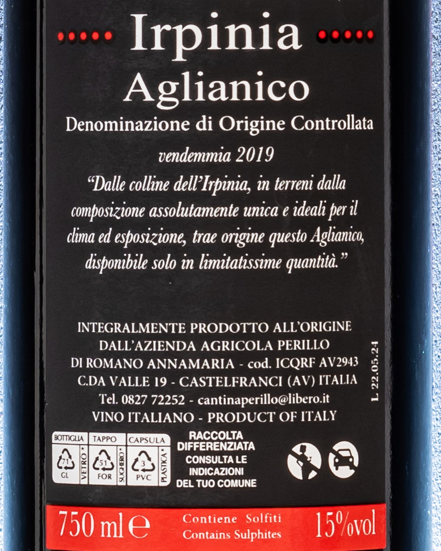 Perillo Irpinia Aglianico 2019 Taurasi Campania Vino Rosso Italia Retro Etichetta