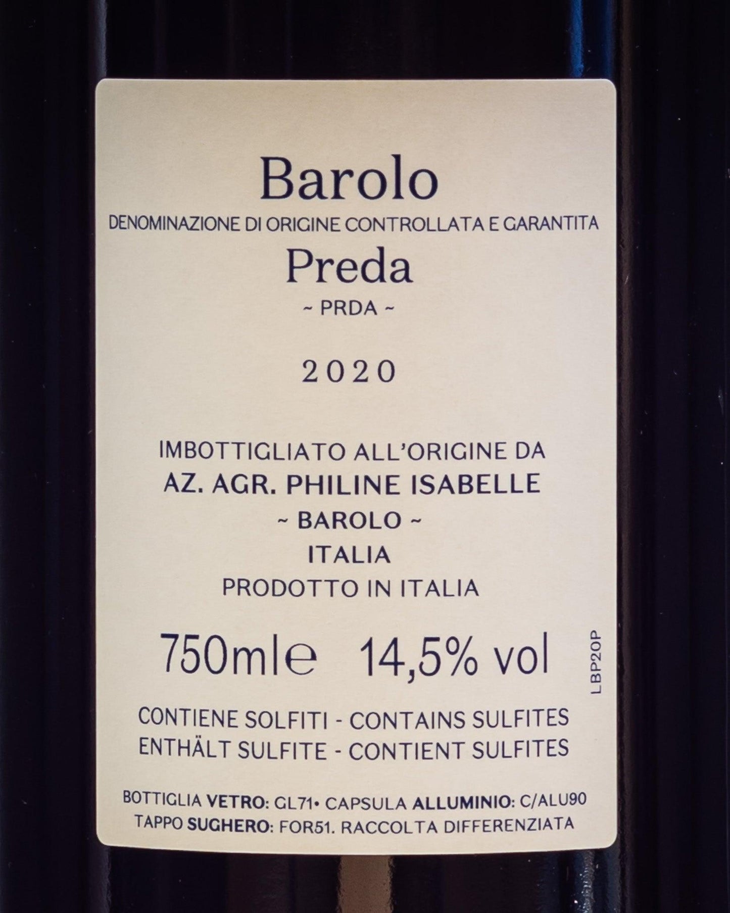 Philine Isabelle Barolo Preda 2020 Nebbiolo Langhe Piemonte Italia Vino Rosso retro etichetta
