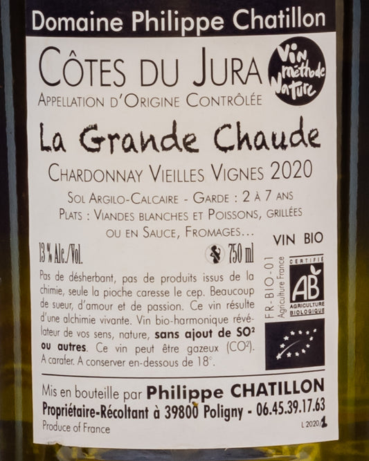 Philippe Chatillon Chardonnay La Grande Chaude Jura Francia Vino Bianco Retro Etichetta