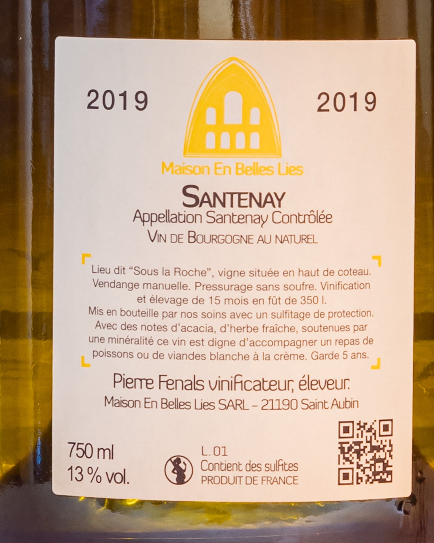 Pierre Fenals Maison En Belles Lies Santenay Blanc 2019 Chardonnay Vino Bianco Borgogna Francia Retro Etichetta