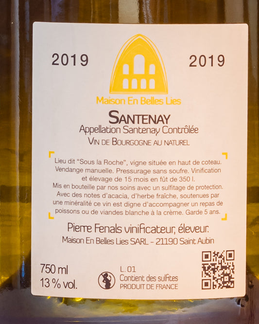Pierre Fenals Maison En Belles Lies Santenay Blanc 2019 Chardonnay Vino Bianco Borgogna Francia Retro Etichetta