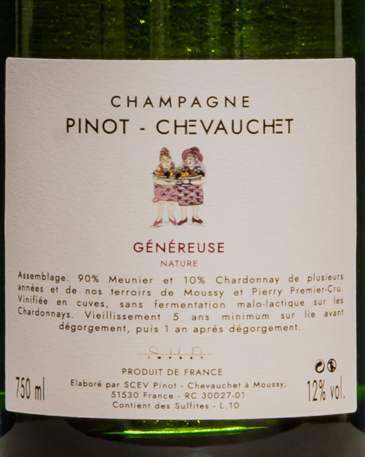 Pinot Chevauchet Champagne Nature Genereus Meunier Chardonnay Valle Marne Francia Retro Etichetta