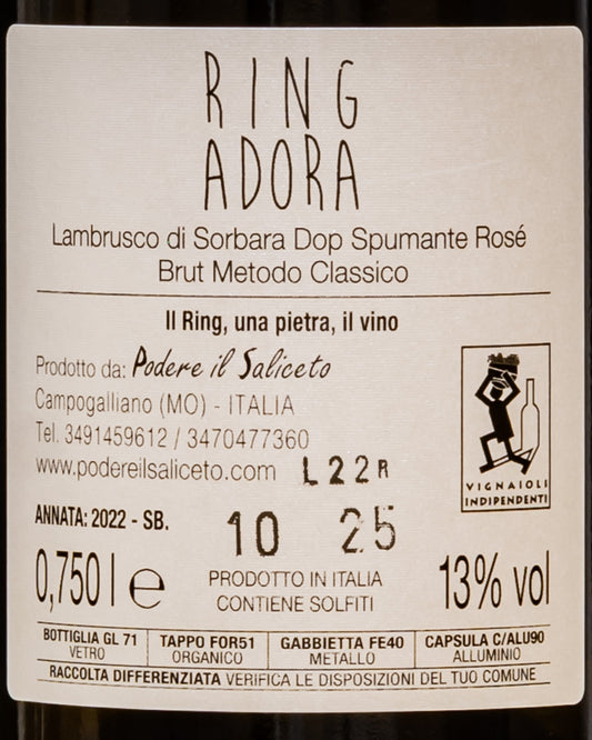 Podere Il Saliceto Ringadora Lambrusco Di Sorbara Spumante Rosé Brut Nature Metodo Classico Emilia Romagna Italia Retro Etichetta