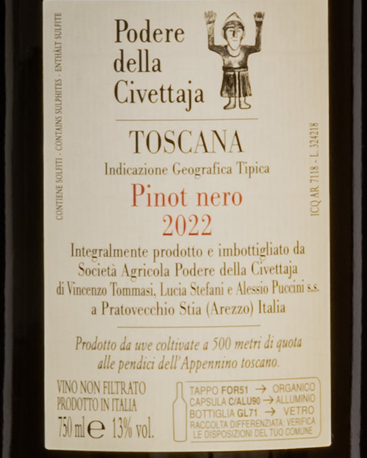Podere della Civettaja Toscana Pinot Nero 2022 Vino Rosso Arezzo Italia Retro Etichetta