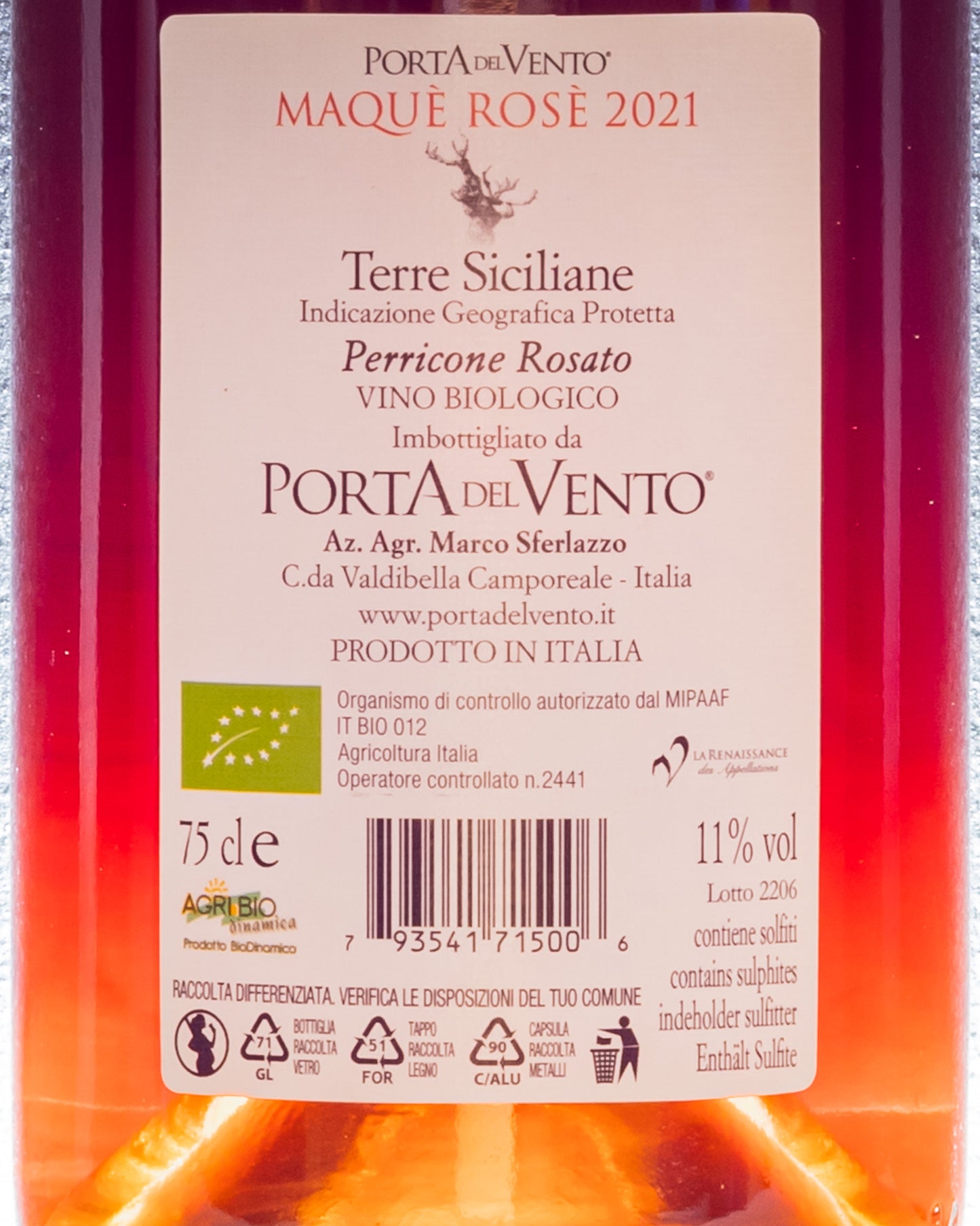 Porta del Vento Maque Rose Perricone Vino Rosato Sicilia 2021 Italia Retro Etichetta