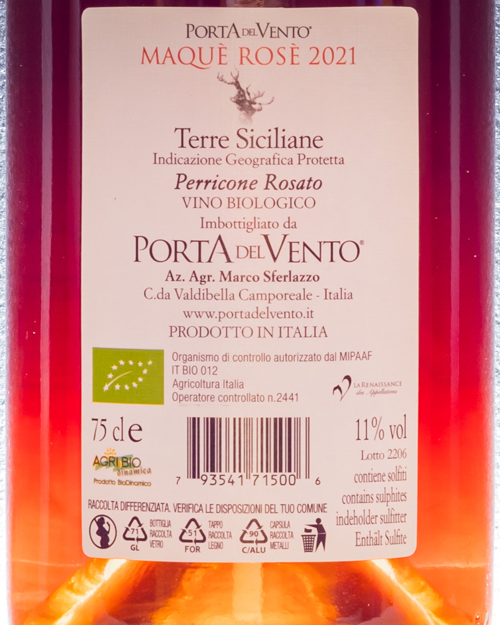 Porta del Vento Maque Rose Perricone Vino Rosato Sicilia 2021 Italia Retro Etichetta
