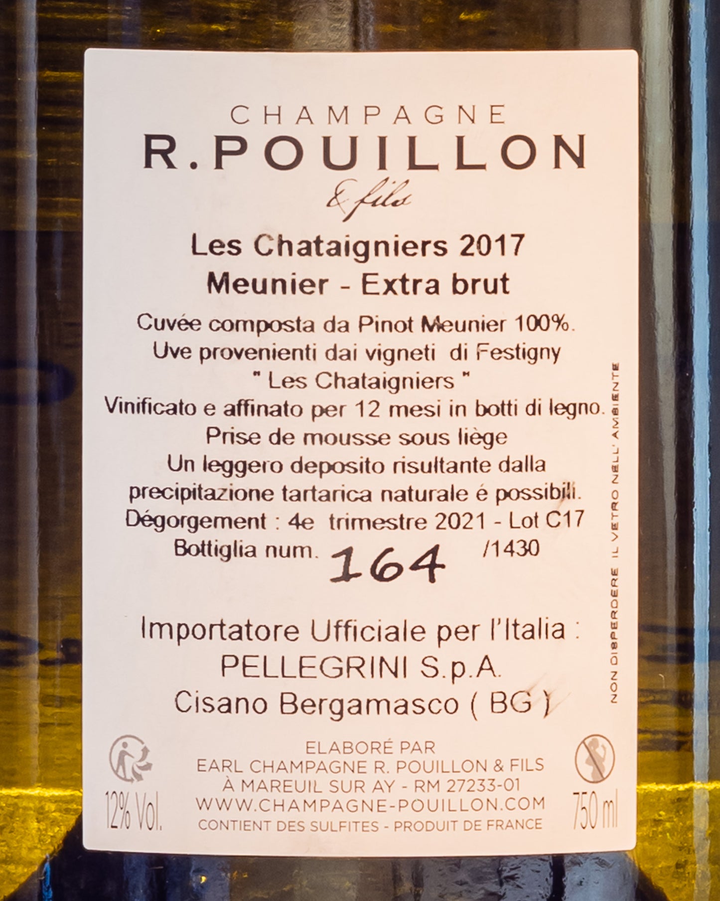 Pouillon Champagne Extra Brut Chataigniers 2017 Meunie Vino Francia Retro Etichetta