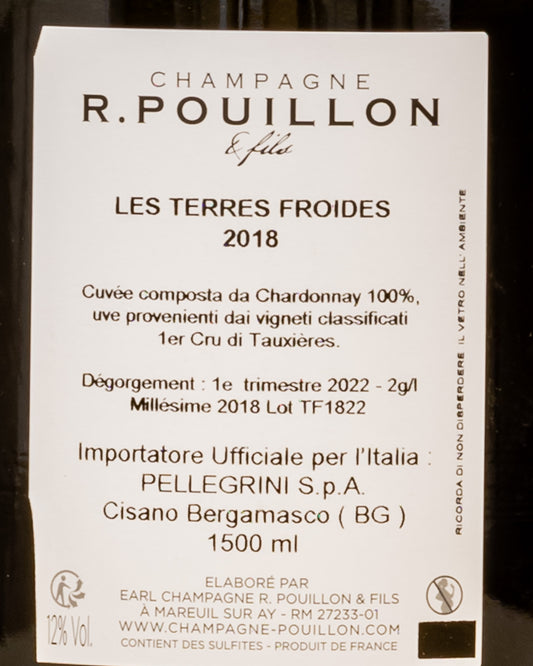 Pouillon Champagne Extra Brut Magnum 2018 Les Terres Froides Chardonnay Valle Marne Vino Francia Retro Etichetta