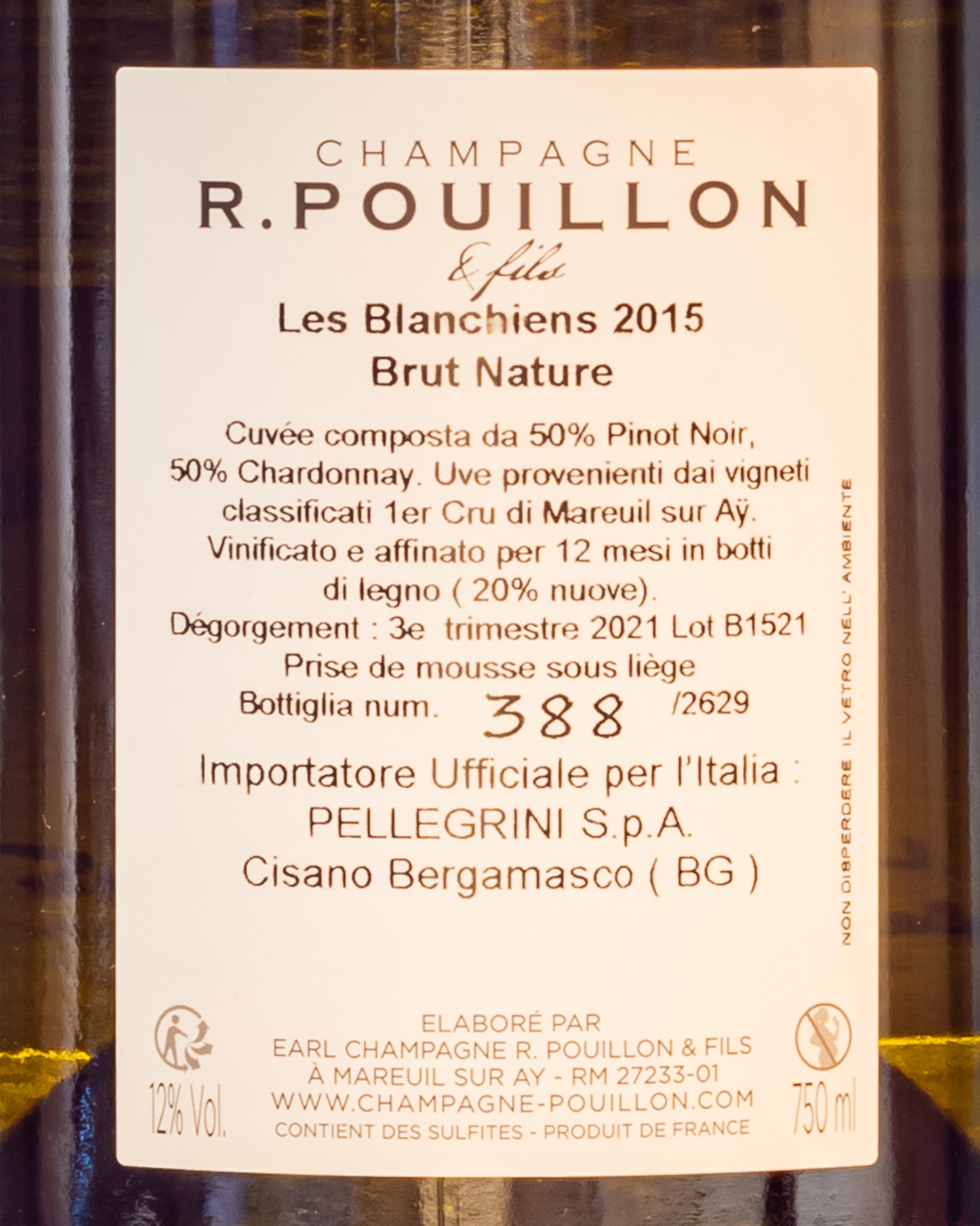 Pouillon Champagne Les Blanchiens 2015 Brut Nature Chardonnay Valle Marne Vino Francia Retro Etichetta Pinot Noir Nero