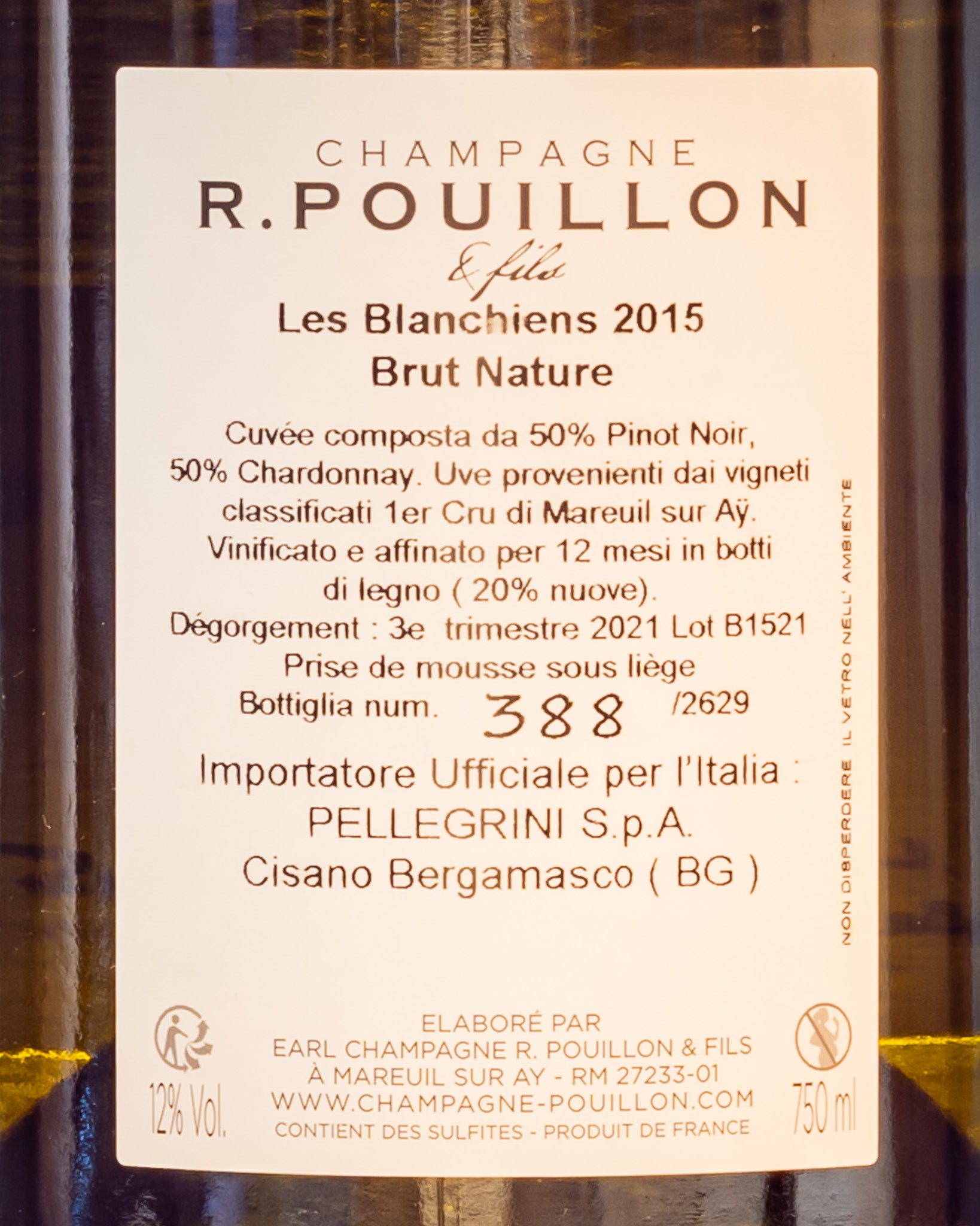 Pouillon Champagne Les Blanchiens 2015 Brut Nature Chardonnay Valle Marne Vino Francia Retro Etichetta Pinot Noir Nero