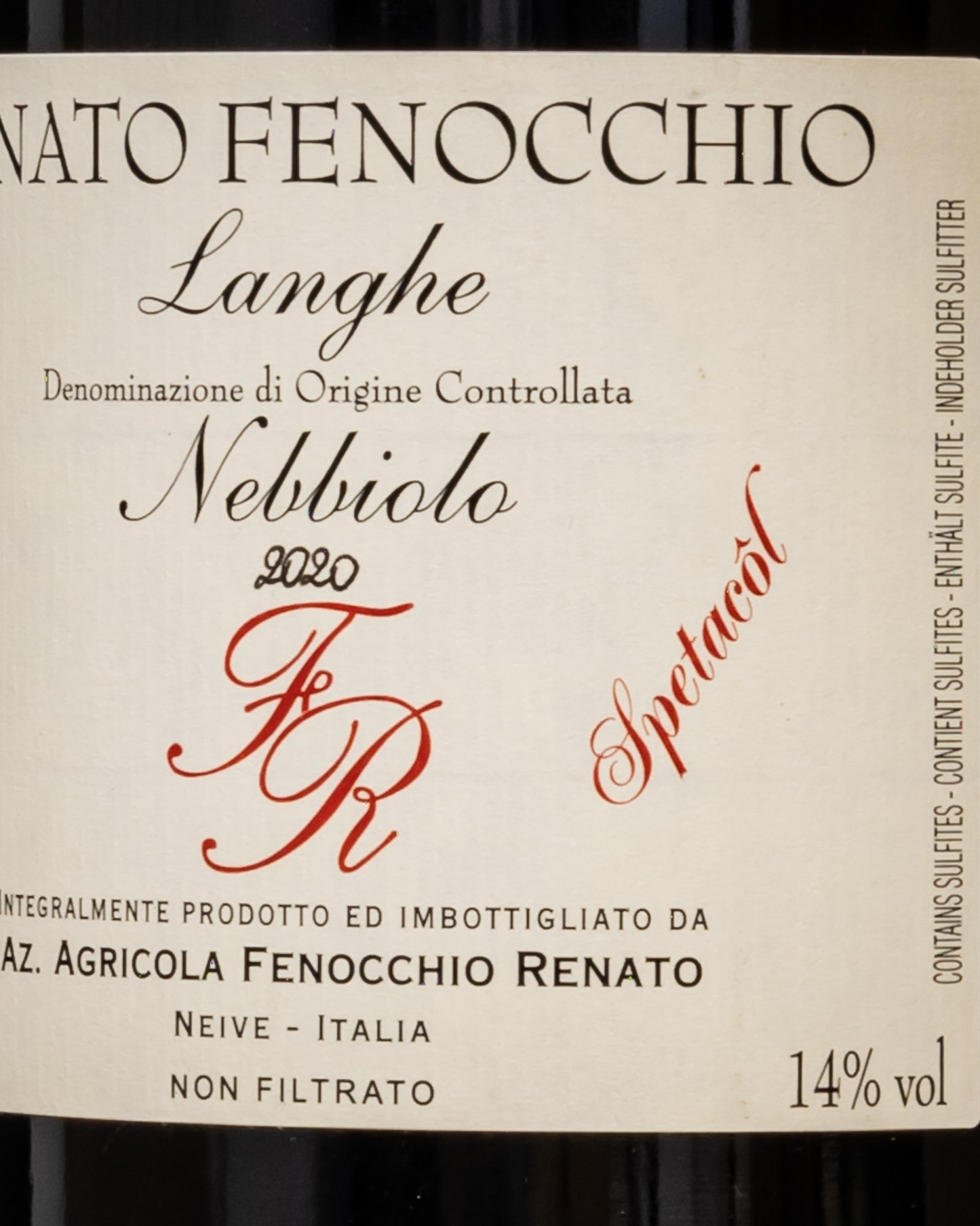 Renato Fenocchio Nebbiolo Langhe 2020 Vino Rosso Piemonte Italia Retro Etichetta 1