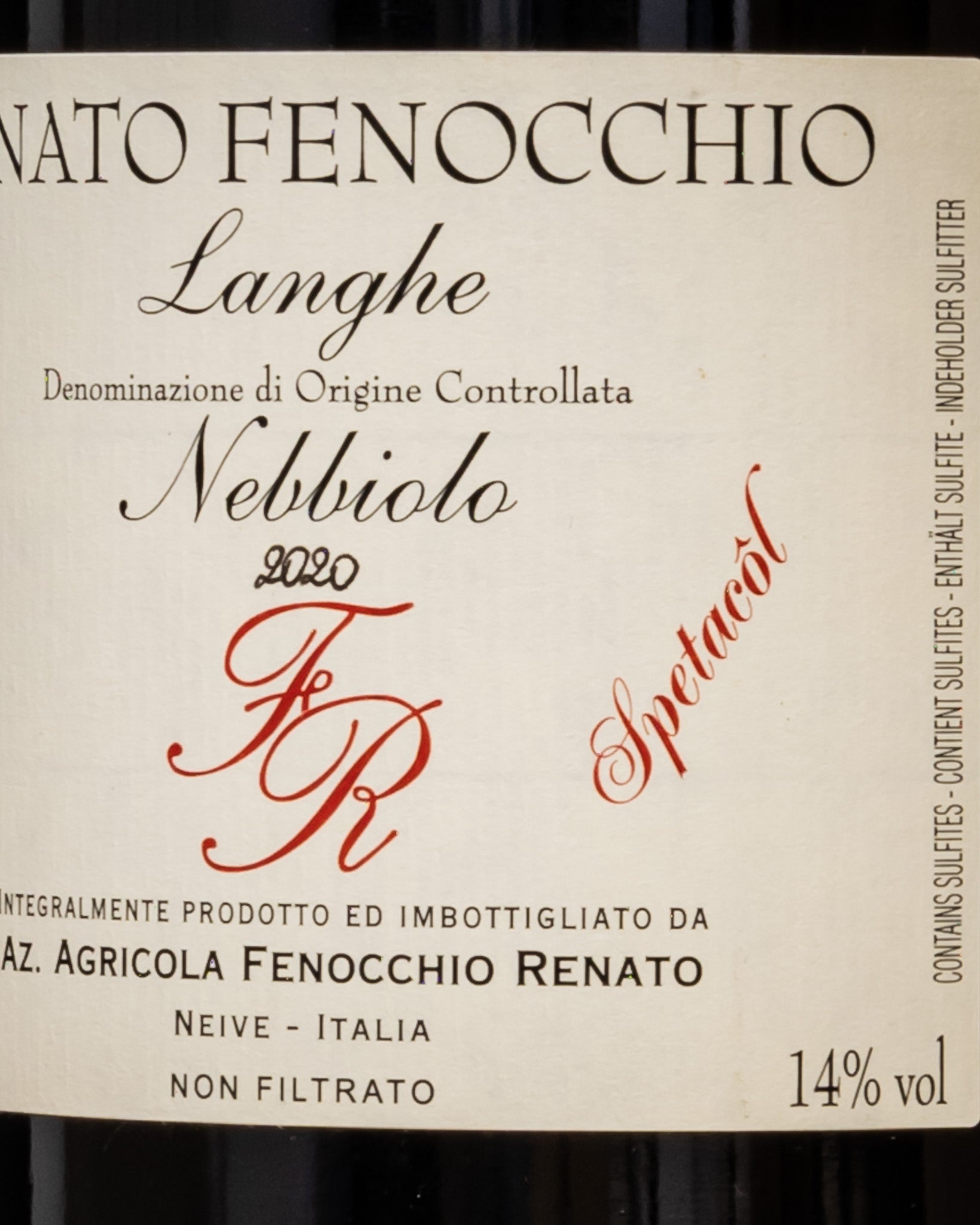 Renato Fenocchio Nebbiolo Langhe 2020 Vino Rosso Piemonte Italia Retro Etichetta 1