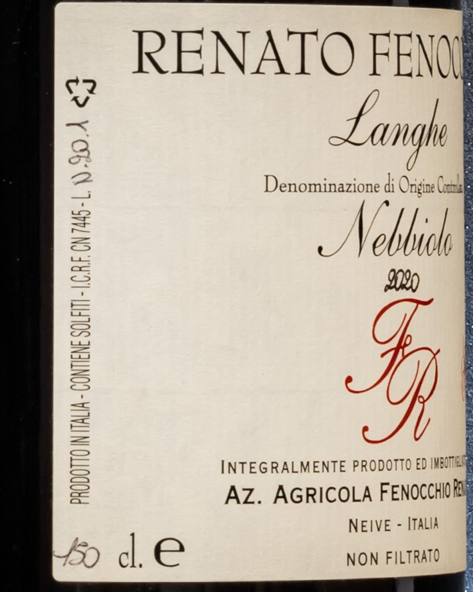 Renato Fenocchio Nebbiolo Langhe 2020 Vino Rosso Piemonte Italia Retro Etichetta 2
