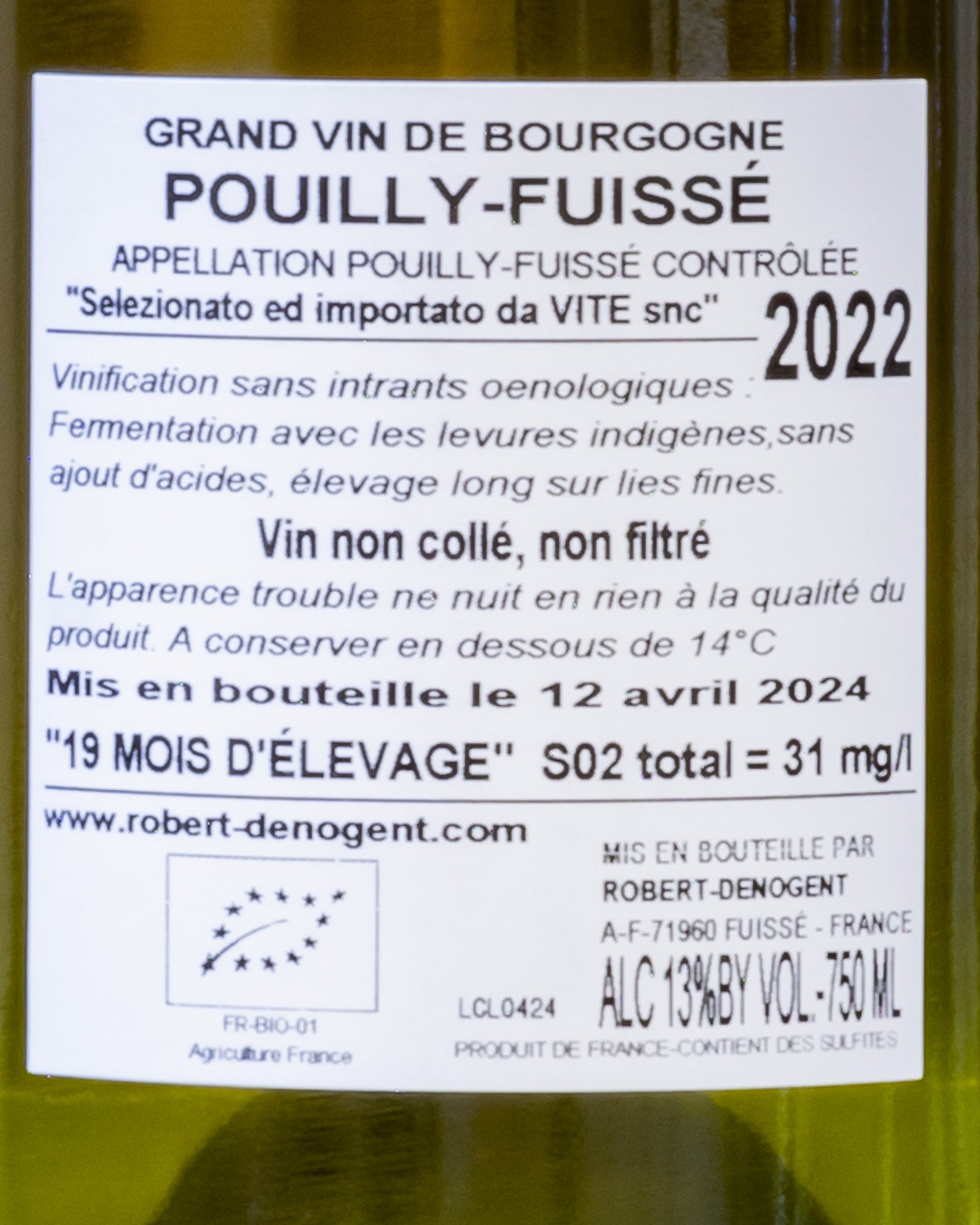Robert Denogent Pouilly Fuisse Croix Chardonnay Maconnais Macon Borgogna Vino Bianco 2022 Francia Retro Etichetta