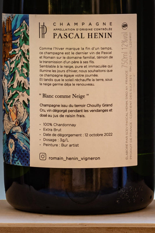 Romain et Pascal Henin Blanc de Blancs Grand Cru Extra Brut Comme Neige Valle Marne Champagne vino etichetta