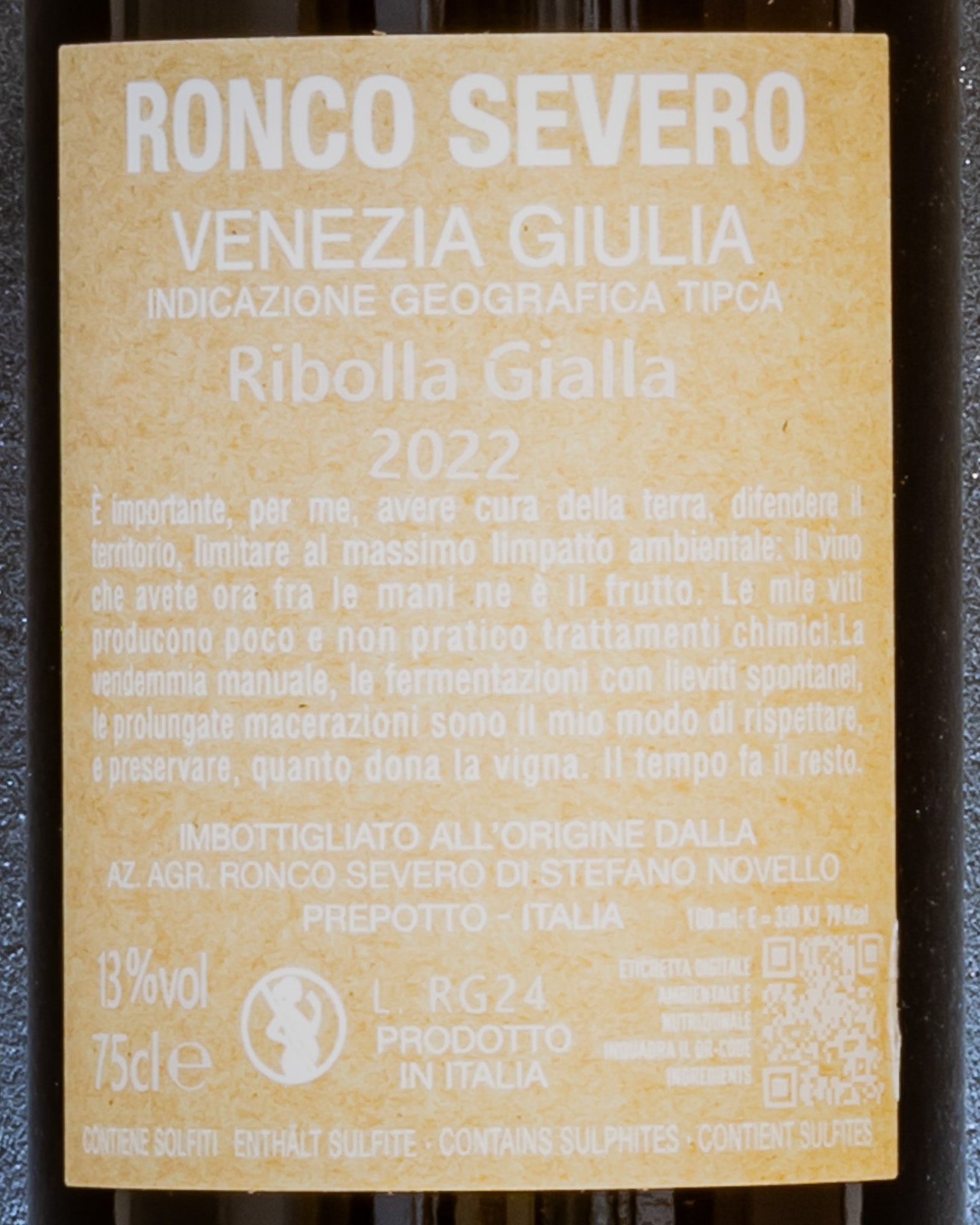 Ronco Severo Stefano Novello Ribolla Gialla 2022 Friuli Venezia Giulia Vino Orange Macerato Italia Retro Etichetta