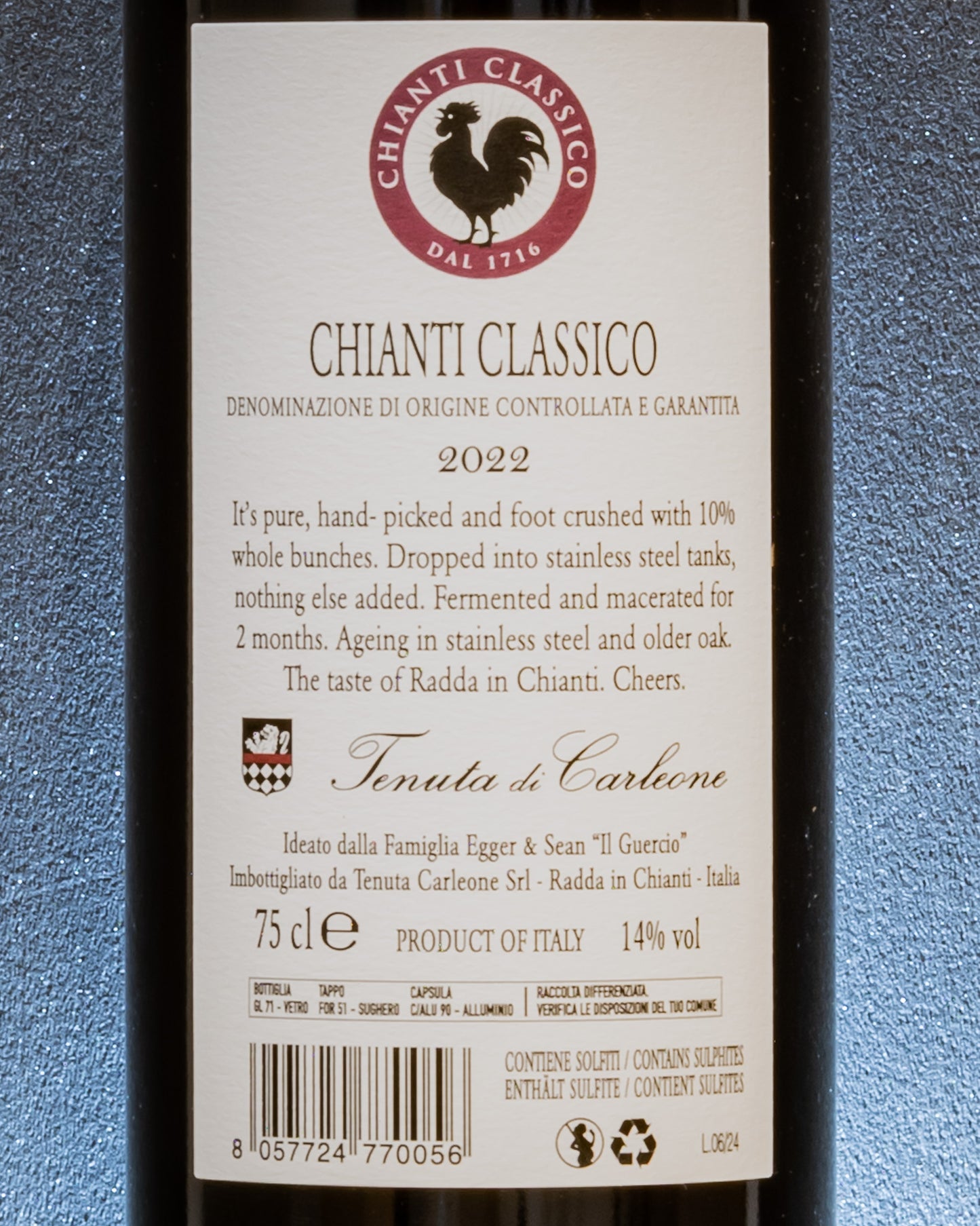 Sean Egger Guercio Tenuta Carleone Chianti Classico 2022 Sangiovese Toscana Vino Rosso Italia Retro Etichetta