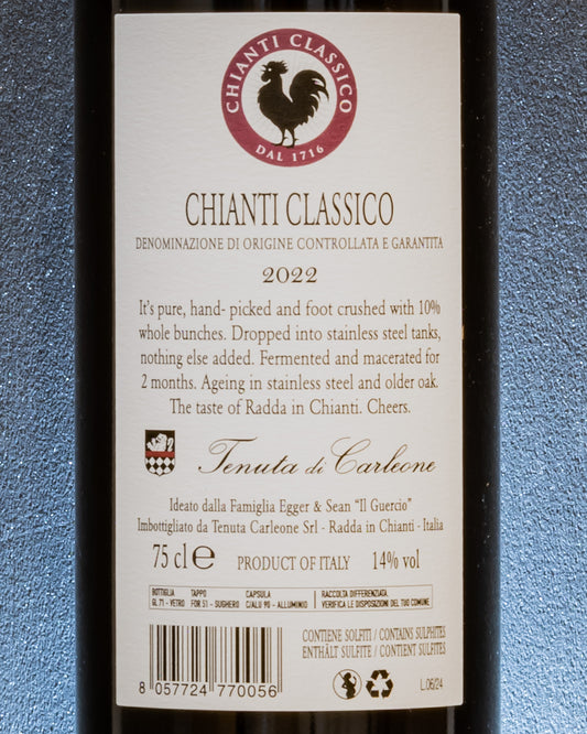 Sean Egger Guercio Tenuta Carleone Chianti Classico 2022 Sangiovese Toscana Vino Rosso Italia Retro Etichetta