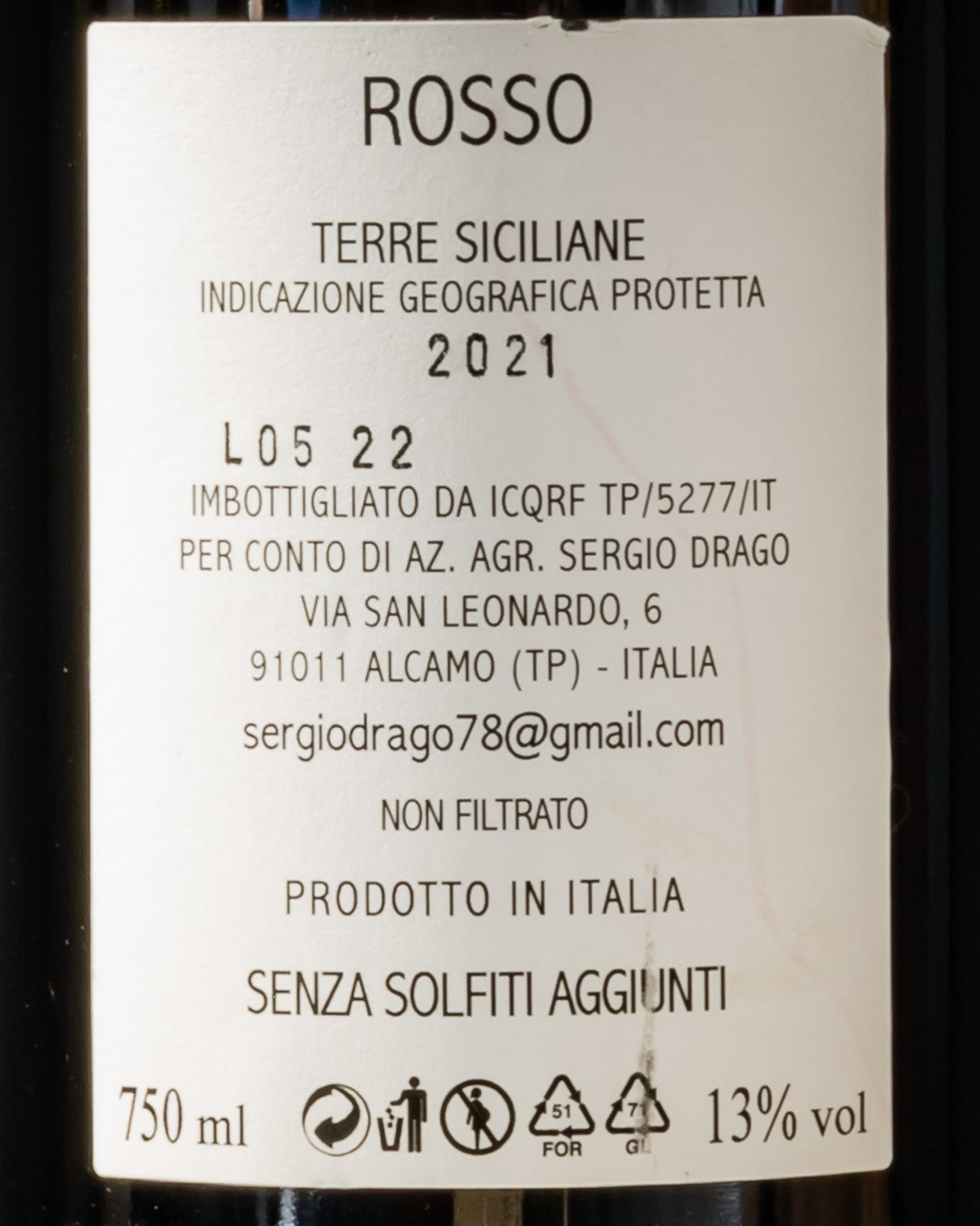 Sergio Drago Terre Siciliane Rosso Nero Avola 2021 Sicilia Vino Italia Retro Etichetta