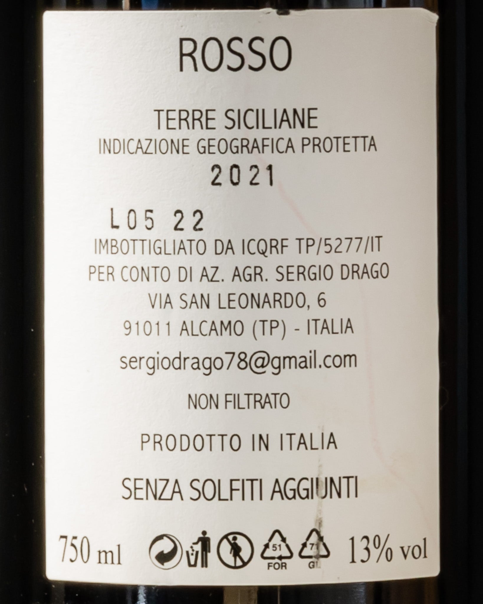 Sergio Drago Terre Siciliane Rosso Nero Avola 2021 Sicilia Vino Italia Retro Etichetta