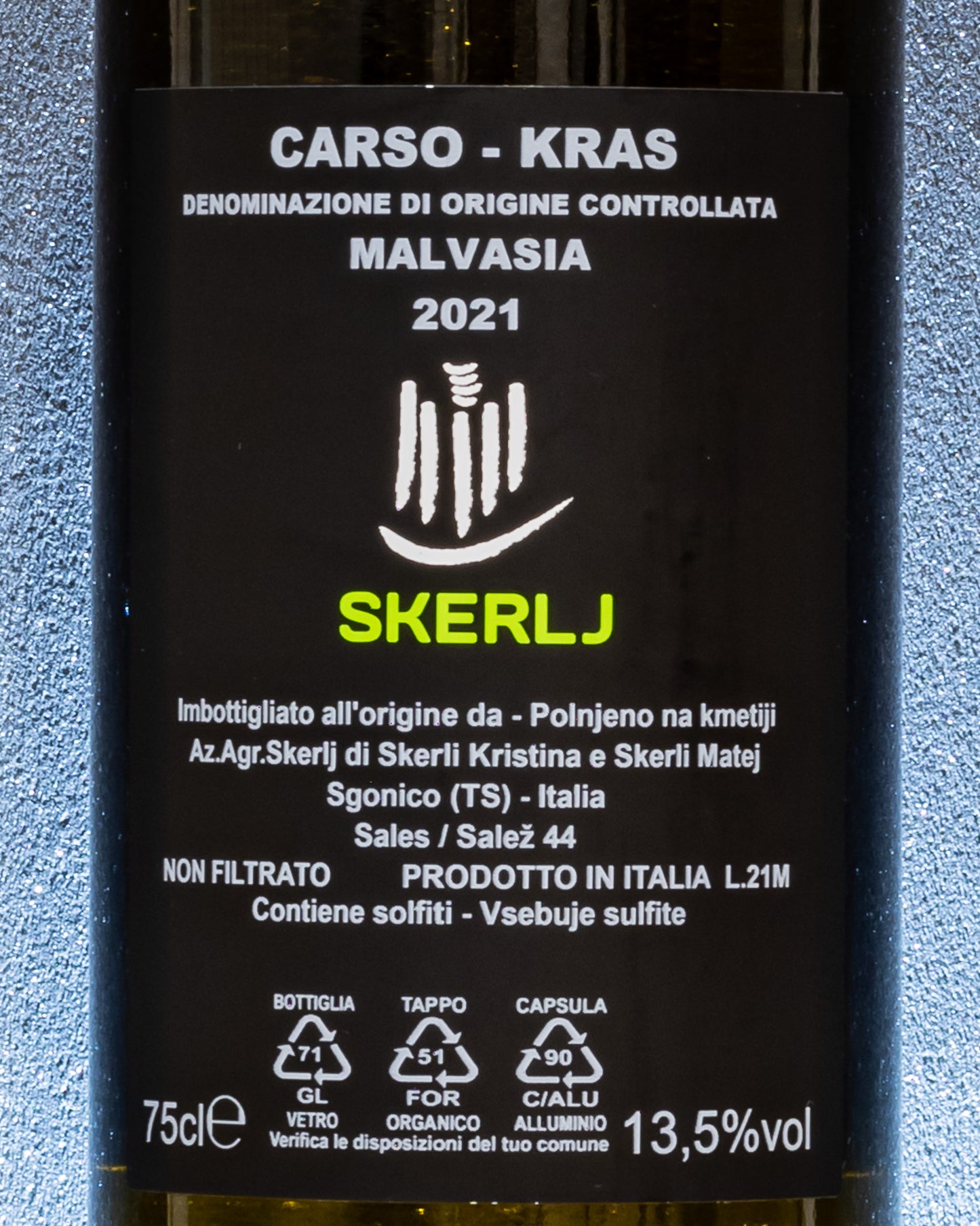 Skerlj Carso Malvasia 2021 Vino Orange Macerato Friuli Venezia Giulia Italia Retro Etichetta