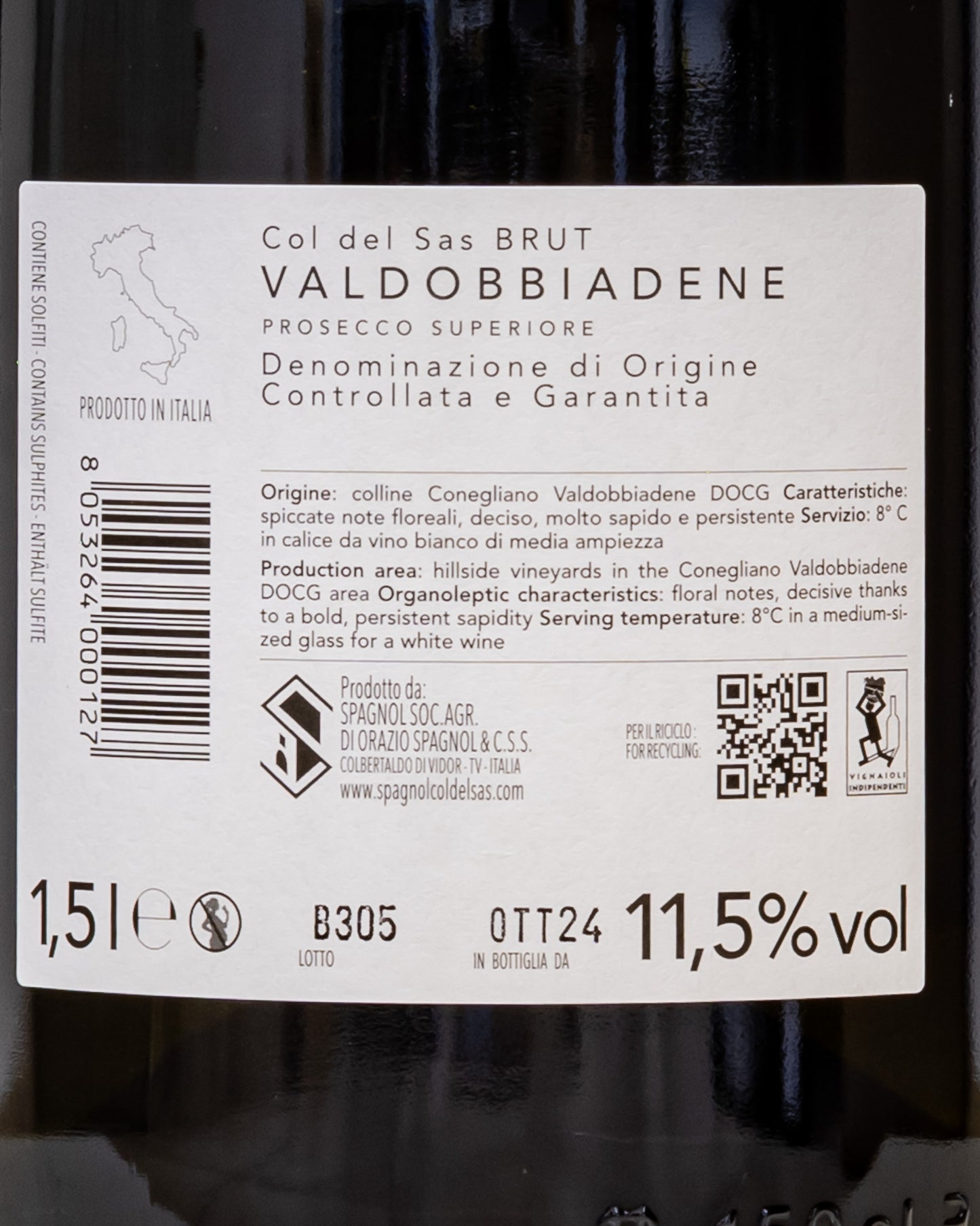 Spagnol Col Del Sas Prosecco Valdobbiadene Brut Glera Magnum Grandi Formati Conegliano Veneto Vino Spumante Charmat Italia Retro Etichetta