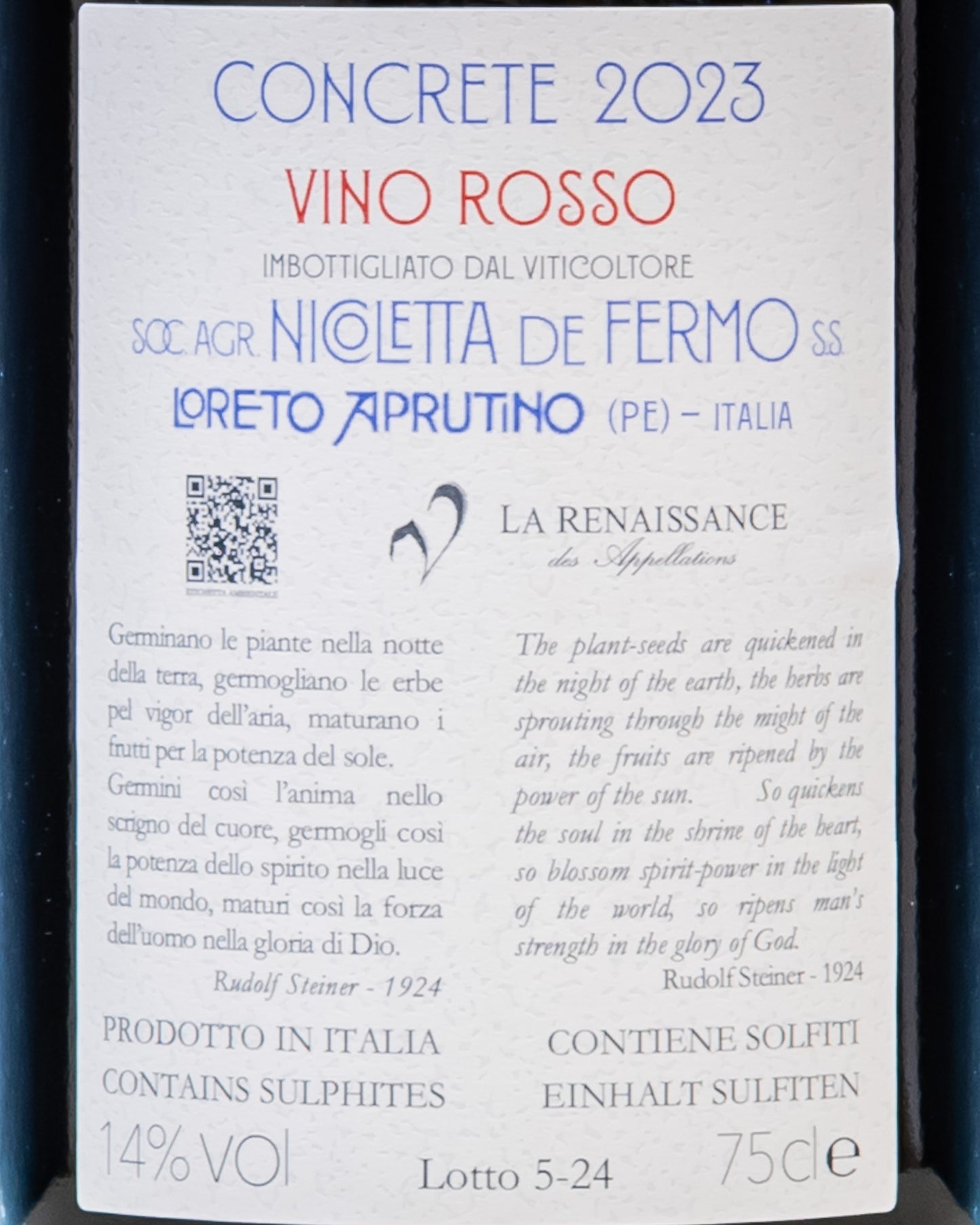 Stefano Papetti De Fermo Loreto Aprutino 2023 Abruzzo Concrete Montepulciano Vino Rosso Italia Retro Etichetta