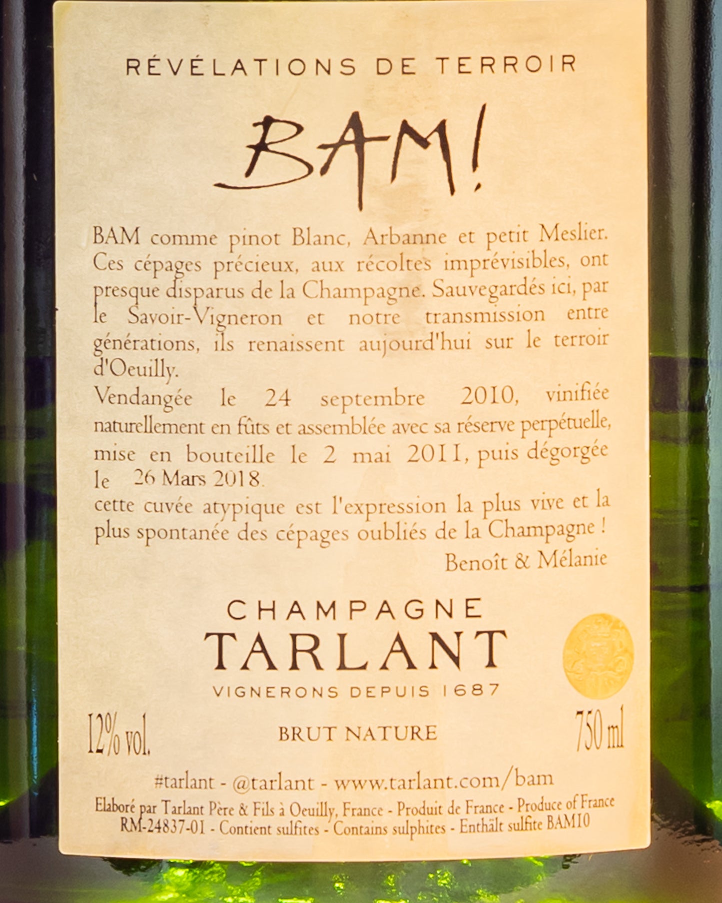 Tarlant BAM Pinot Blanc Bianco Arbanne Petit Meslier Champagne Brut Nature Vino Francia Retro Etichetta