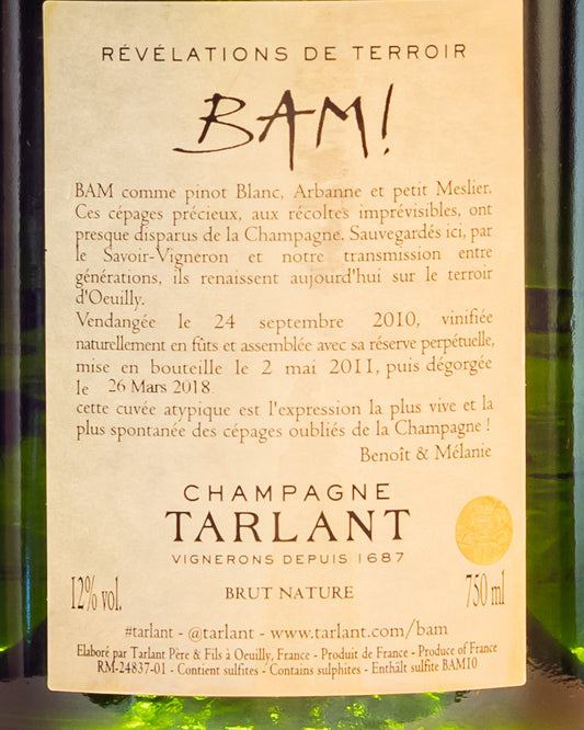 Tarlant BAM Pinot Blanc Bianco Arbanne Petit Meslier Champagne Brut Nature Vino Francia Retro Etichetta