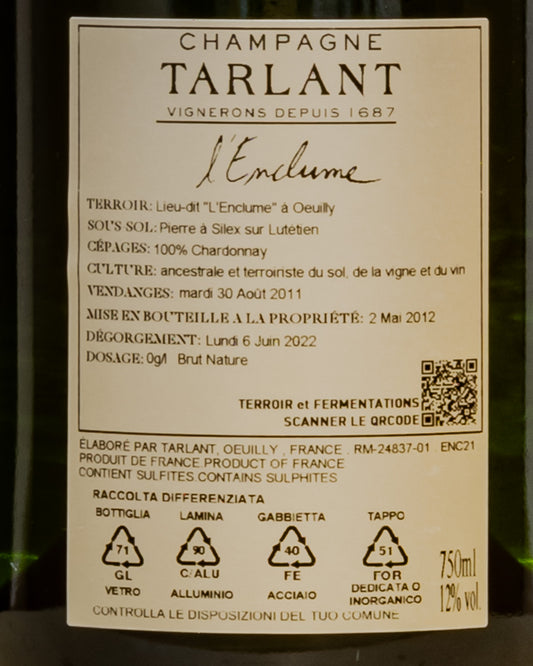 Tarlant Champagne Brut Nature Blanc Blancs Enclume Chardonnay 2011 Valle Marne Marna Vino Francia Retro Etichetta