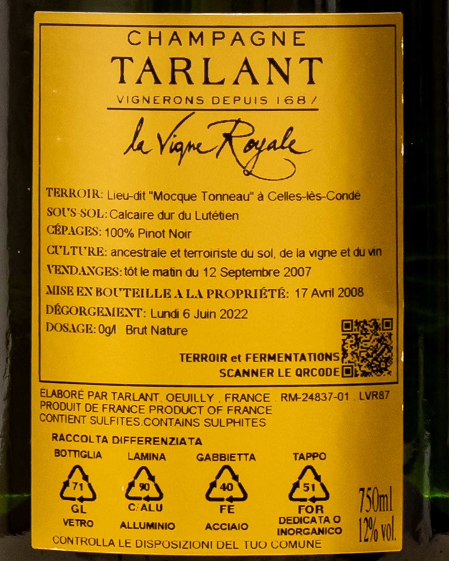Tarlant Champagne Brut Nature La Vigne Royale Blanc Noirs Pinot Noir Nero 2007 Valle Marne Marna Champagne Vino Francia Retro Etichetta