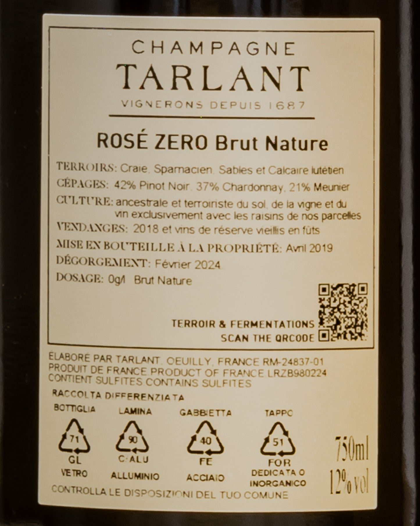 Tarlant Champagne Brut Nature Rose Rosato Zero Pinot Noir Nero Chardonnay Meunier Vino Valle Marne Marna Francia Retro Etichetta