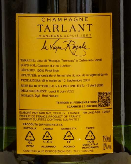 Tarlant Champagne Brut Nature Vigne Royale Blanc Noirs Pinot Noir Nero 2007 Valle Marne Marna Champagne Vino Francia Retro Etichetta