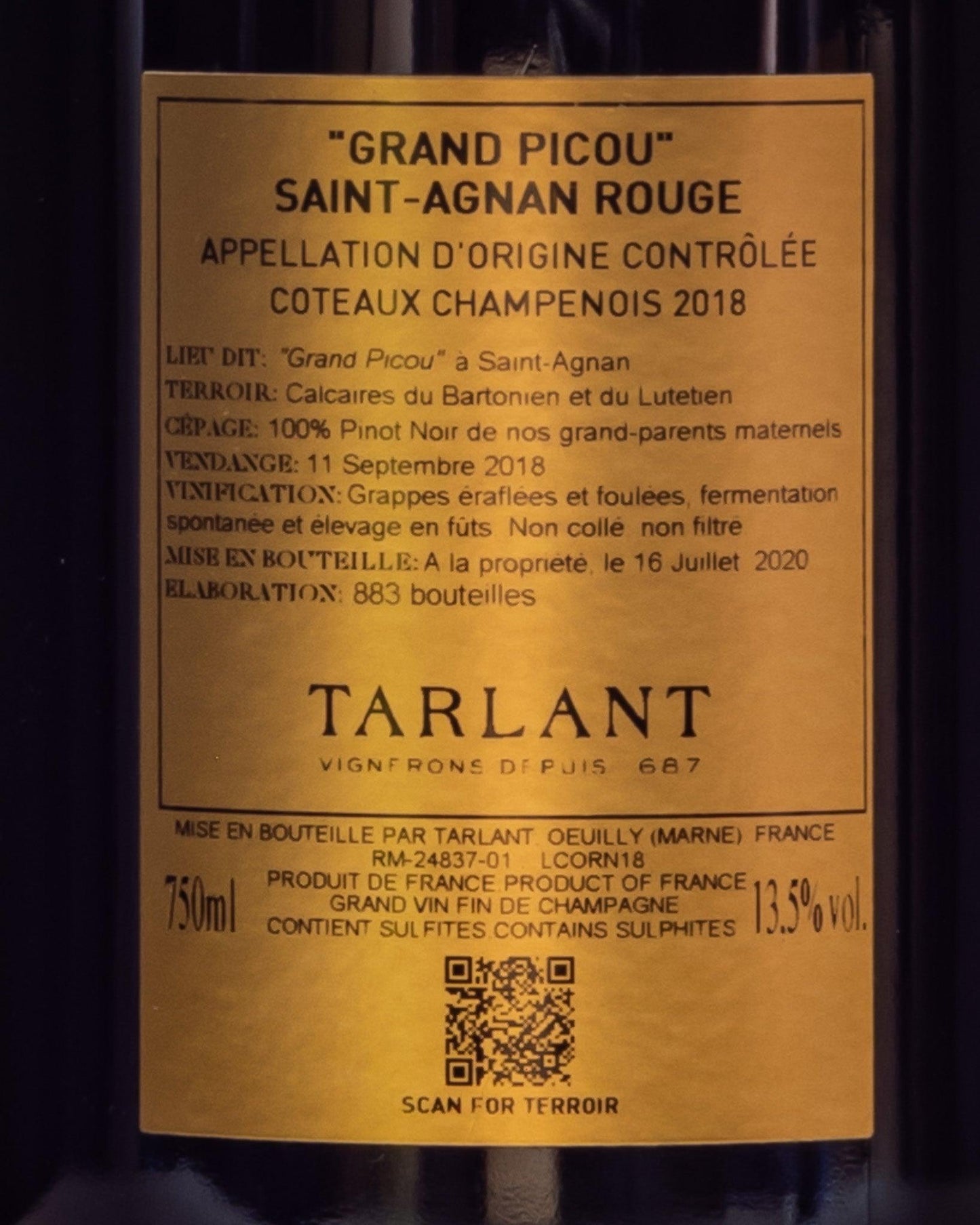 Tarlant Coteaux Champenois Grand Picou Saint Agnan Champagne Vallee Marne Francia 2018 Vino Rosso Retro Etichetta