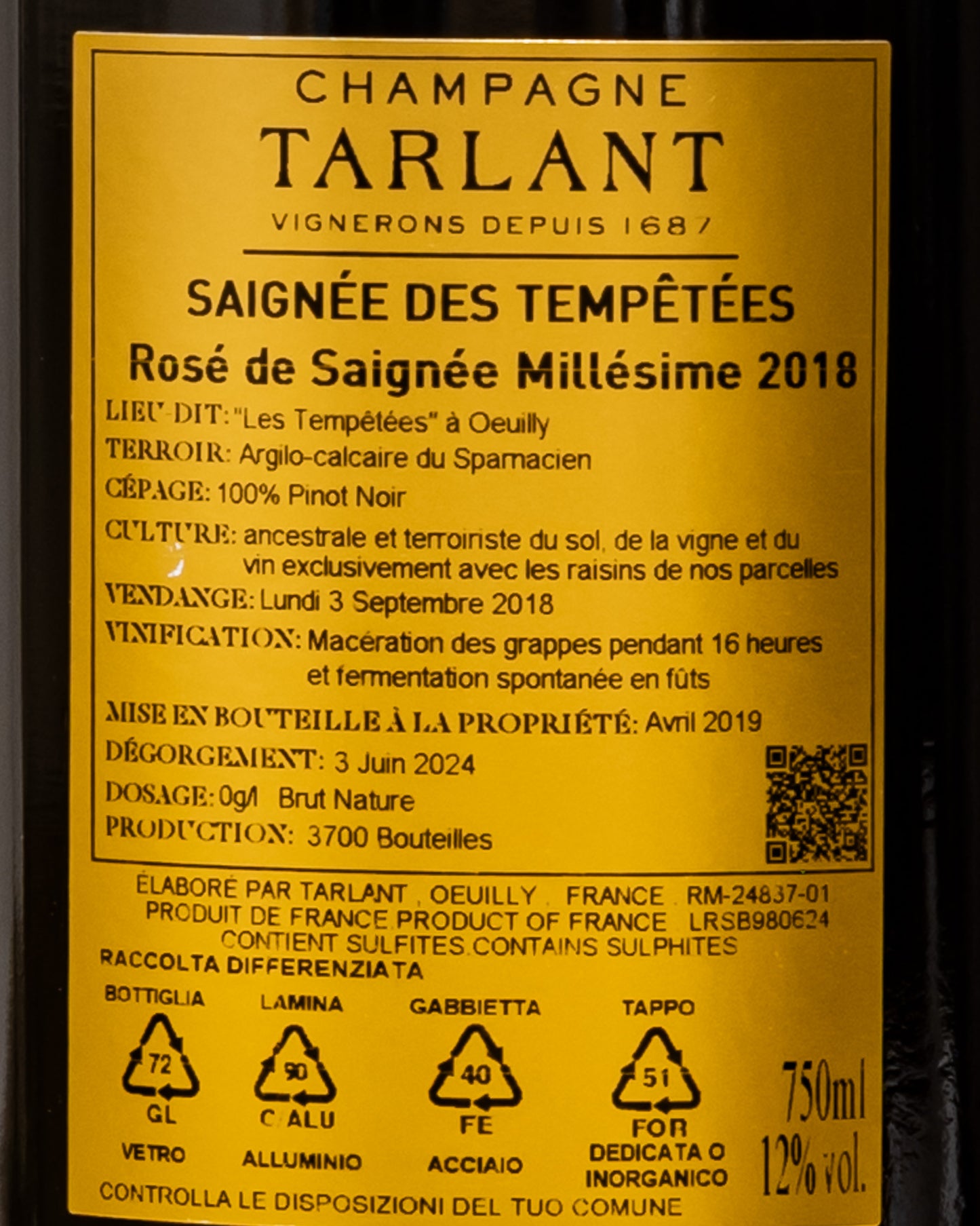 Tarlant Rosé Des Saignées Brut Nature 2018 Champagne Saignée De Tempetées Pinot Noir Nero Francia Retro Etichetta
