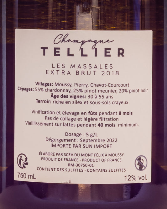 Tellier Les Massales Champagne Extra Brut Pinot Noir Chardonnay Meunier 2018 Vino Francia Retro Etichetta