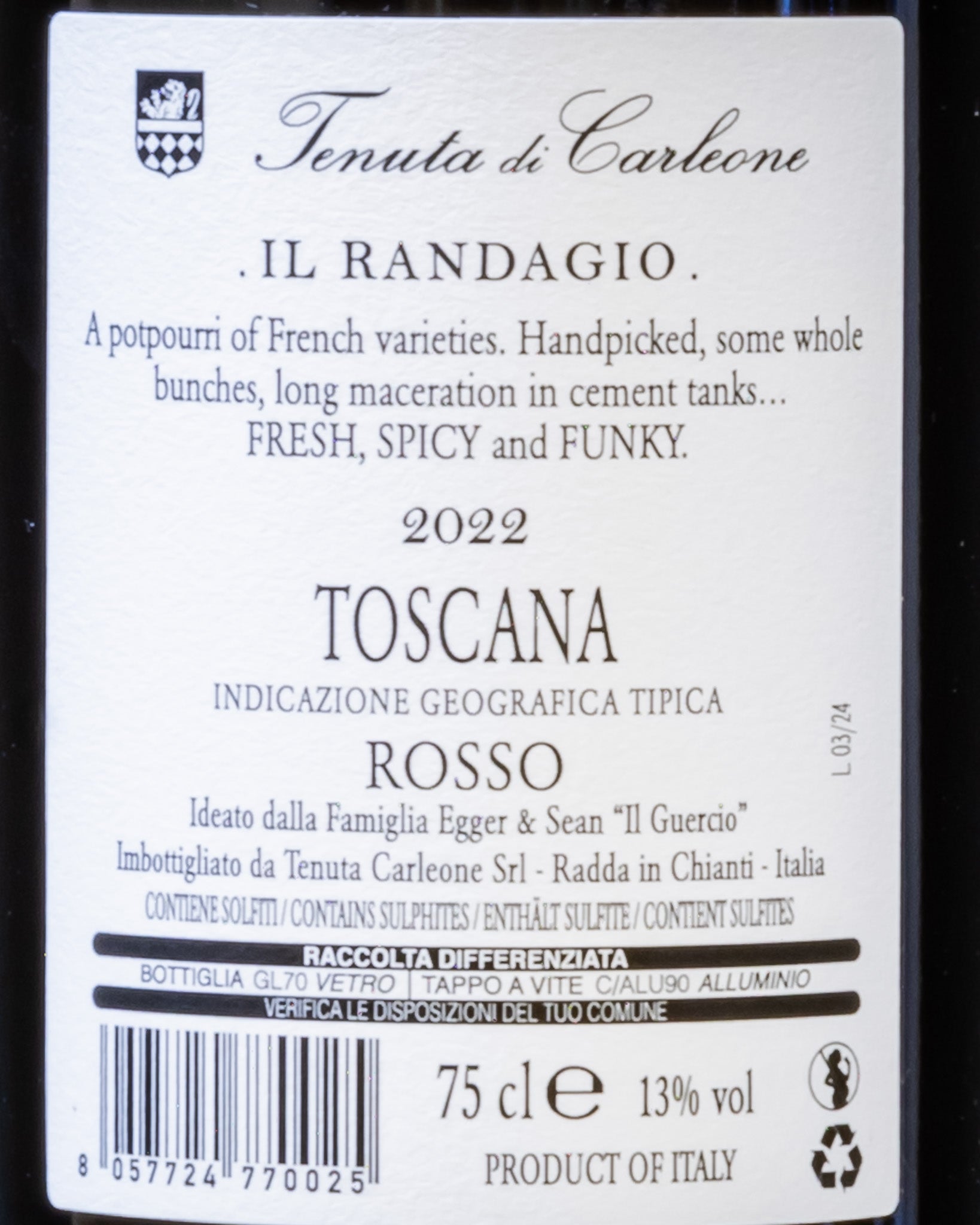 Tenuta Carleone Randagio Merlot Cabernet Franc 2022 Rosso Toscana Vino Italia Retro Etichetta