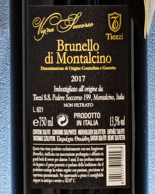 Tiezzi Brunello Montalcino Riserva 2017 Sangiovese Vigna Soccorso Vino Rosso Toscana Italia Retro Etichetta